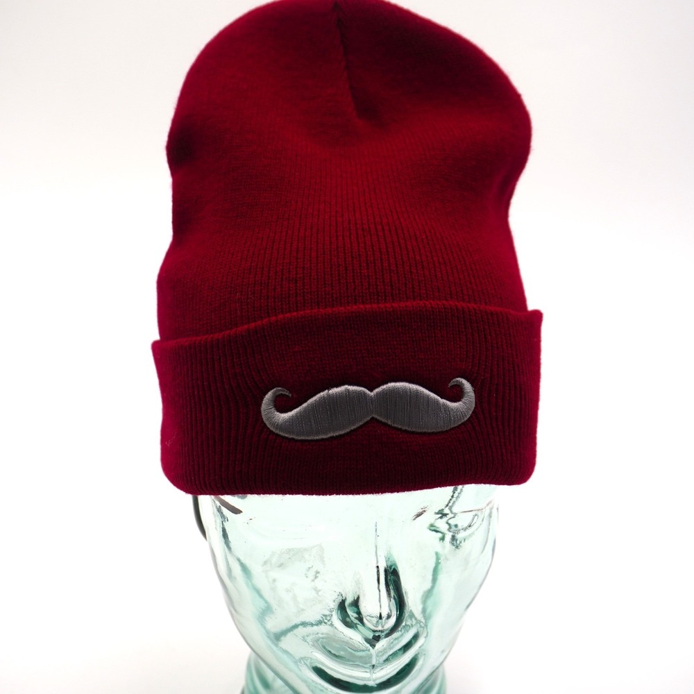 Mustache Beanie Embroidered Burgundy Acrylic Knit Cap Funny Novelty Winter Hat
